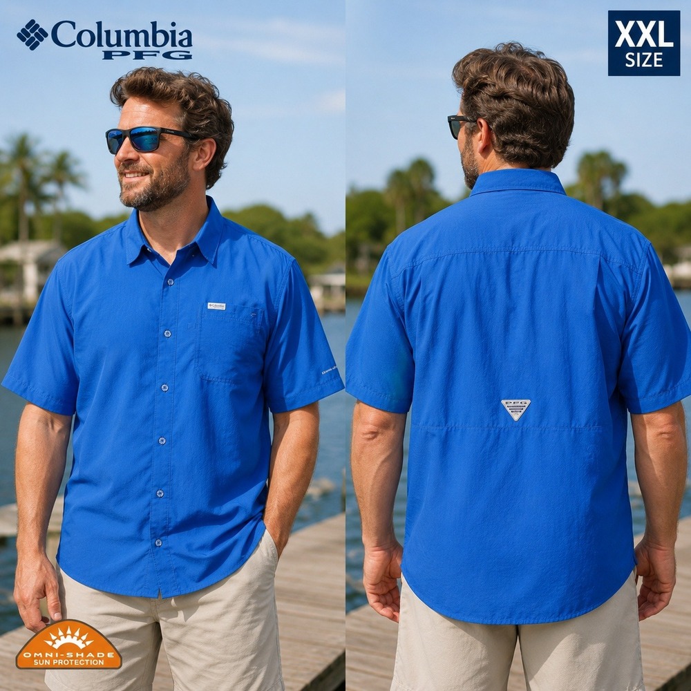 Columbia PFG Mens XXL Blue Short‎ Sleeve Fishing Shirt Omni-Shade FM7042 Ripstop